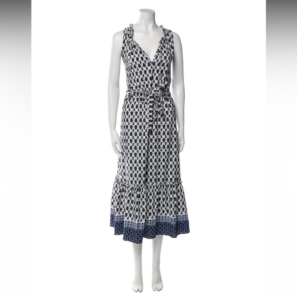 Misa Los Angeles Navy and White Printed Midi Dress with Tie Waist